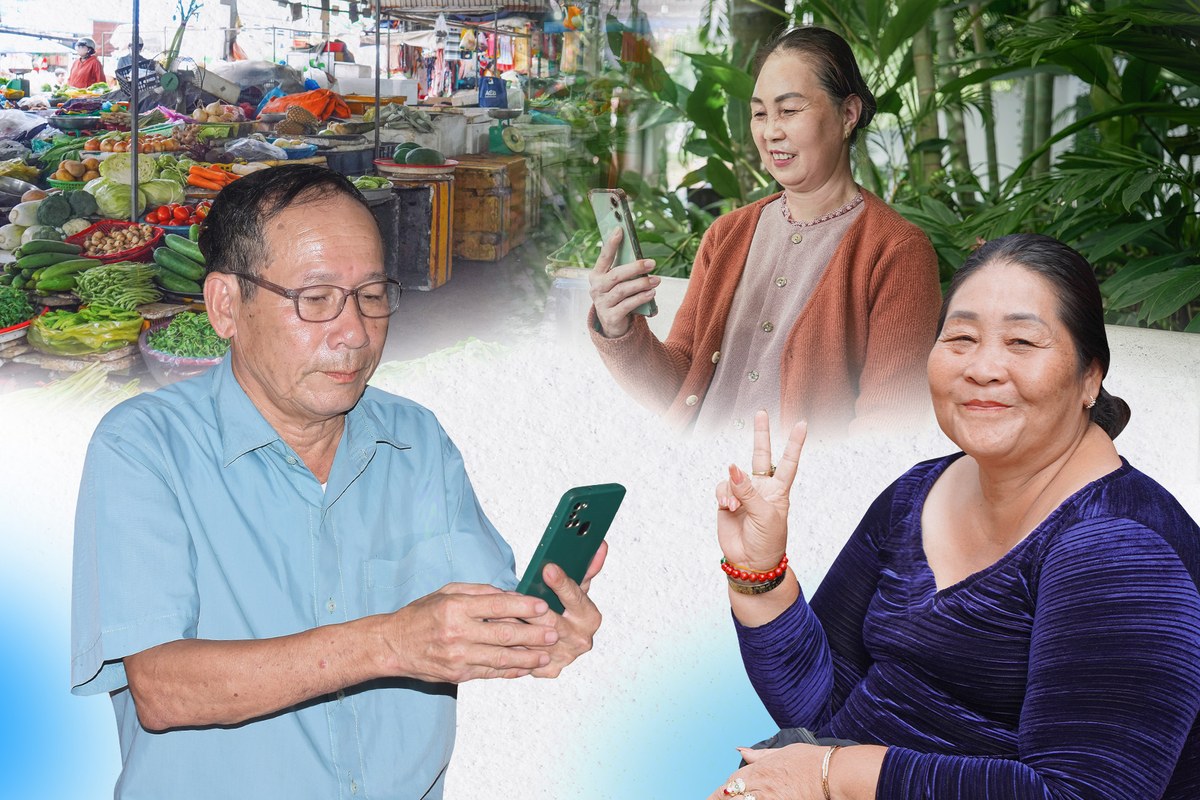 Ba người lớn tuổi xanh, tím, cam nâu dùng điện thoại xanh lá ở chợ, vườn cây.