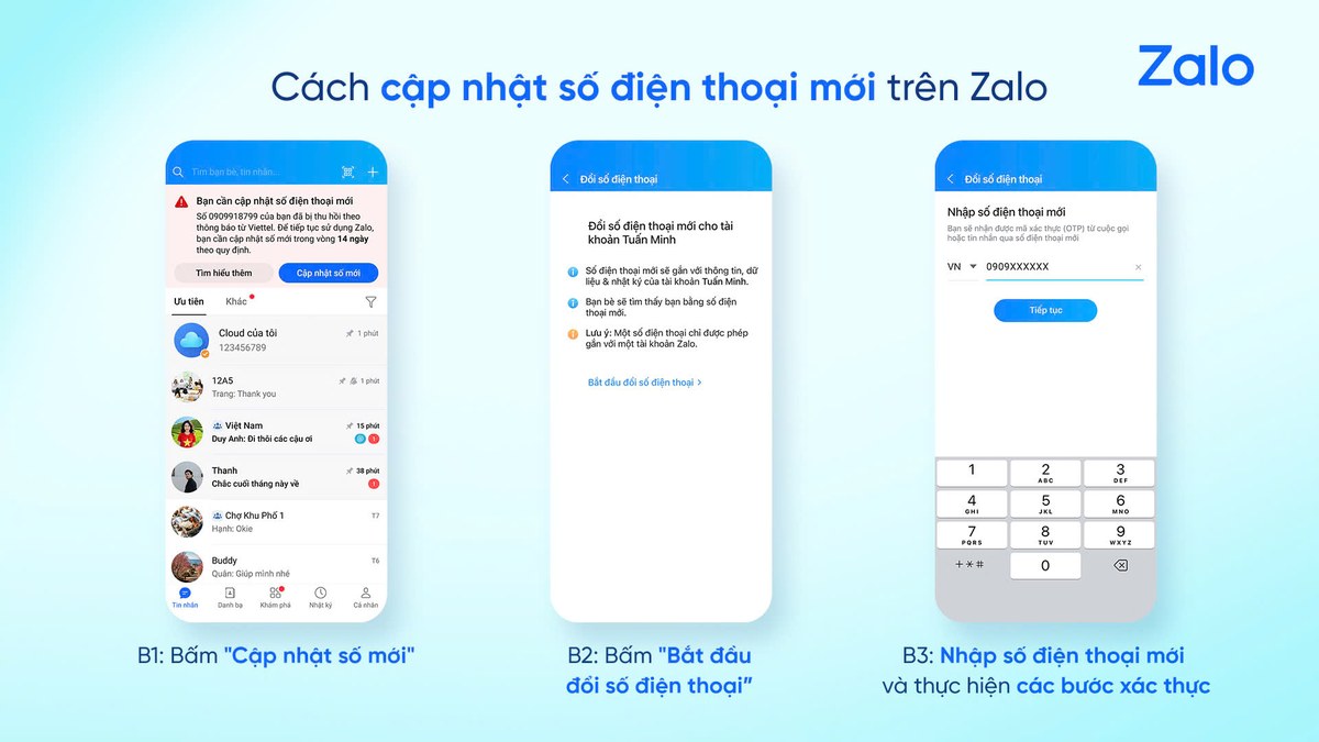 Zalo hướng dẫn các bước cập nhật số điện thoại để tăng cường bảo mật tài khoản