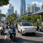 Người dân sử dụng nhiều loại phương tiện điện cạnh một điểm sạc hiện đại, gợi nhịp chuyển đổi xanh của các thành phố Đông Nam Á. (Ảnh minh họa)