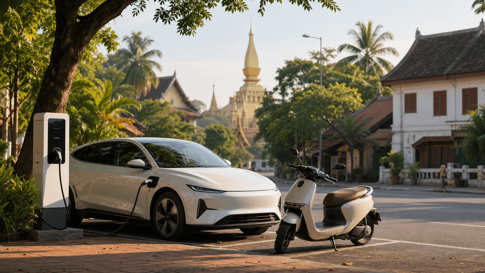 Xe điện và xe máy điện bên trạm sạc trên một tuyến phố xanh ở Lào, thể hiện hướng mở rộng giao thông điện tại đô thị. (Ảnh minh họa)