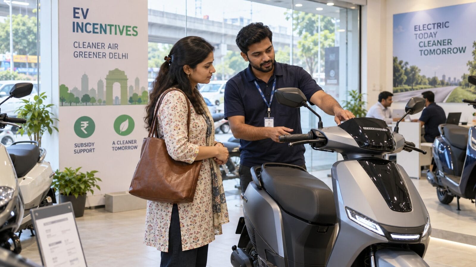 Người mua tìm hiểu xe hai bánh điện tại một showroom ở Delhi — Ảnh: minh họa AI