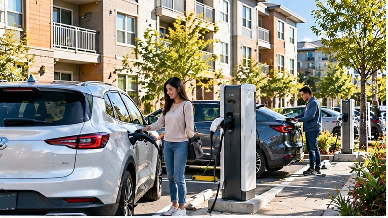 Cư dân sử dụng điểm sạc xe điện tại khu căn hộ — Ảnh: minh họa AI