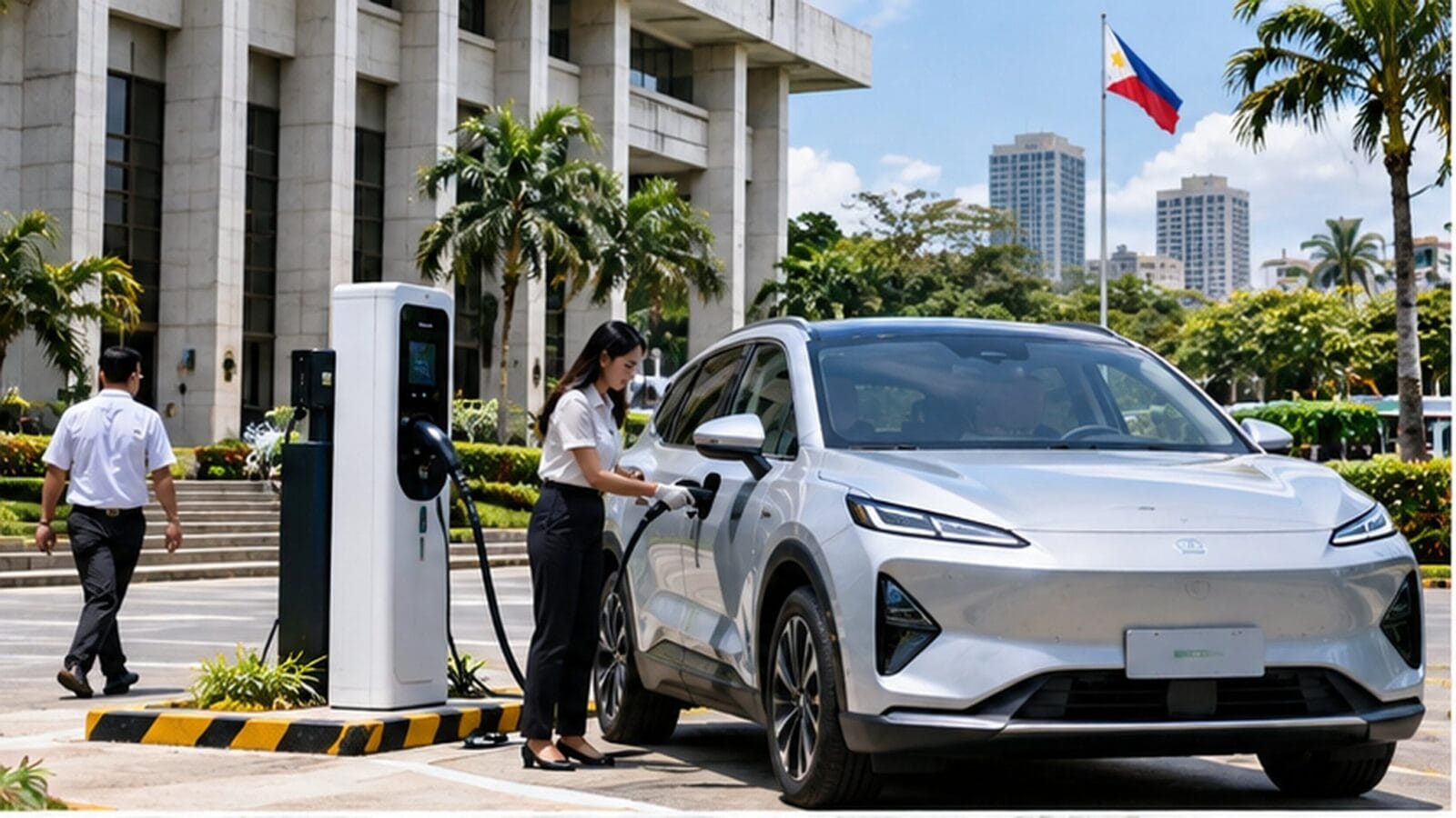 Người dùng sạc xe điện tại khuôn viên cơ quan ở Philippines — Ảnh: minh họa AI