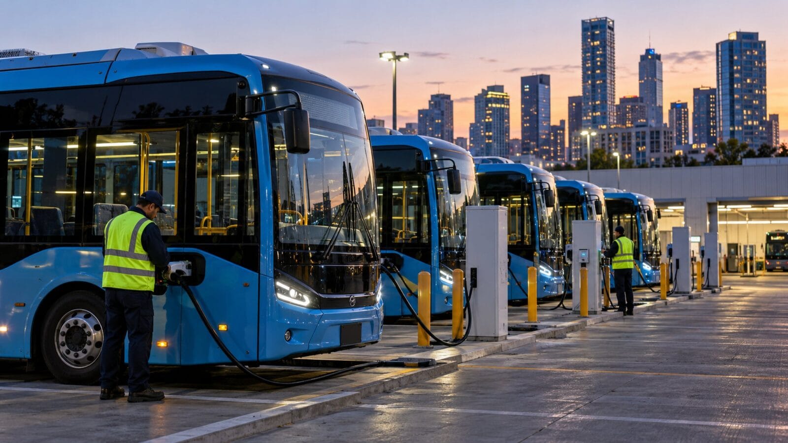 Đội xe buýt điện sạc tại depot vào cuối ngày — Ảnh: minh họa AI