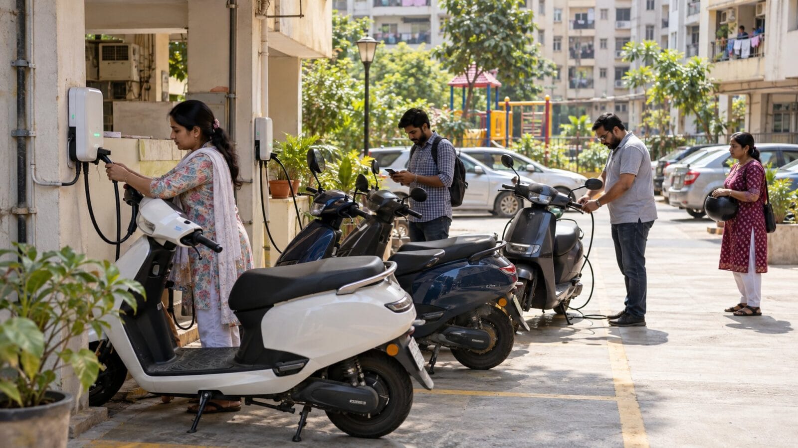 Người dân sạc xe hai bánh điện tại khu dân cư — Ảnh: minh họa AI