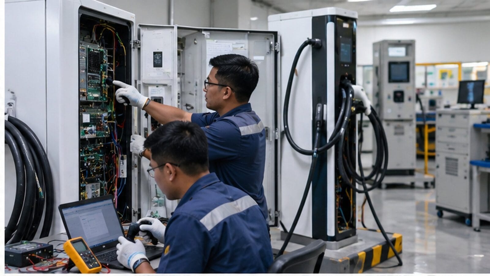 Kỹ thuật viên kiểm tra thiết bị và hệ thống sạc xe điện — Ảnh: minh họa AI