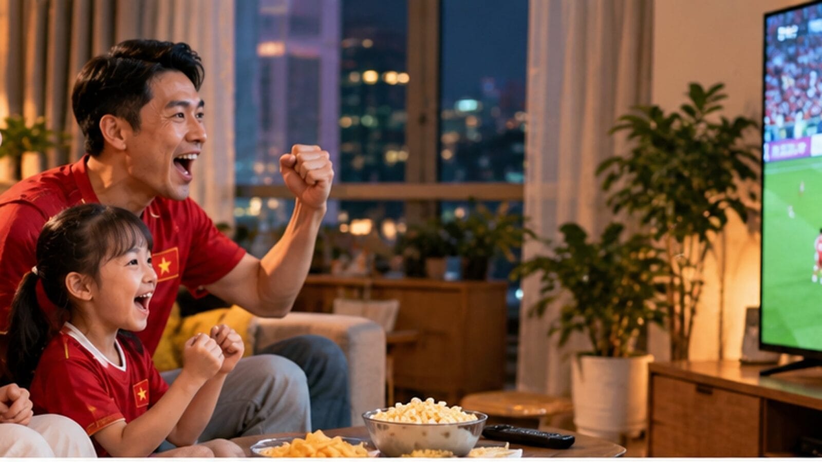 Gia đình theo dõi một trận bóng đá trên màn hình TV — Ảnh: Minh họa