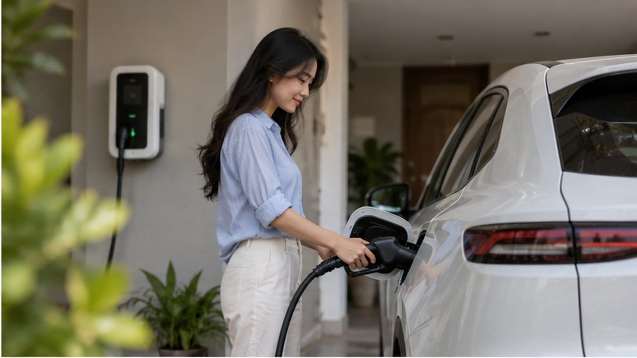 Người dùng sạc ô tô điện tại nhà. Ảnh minh họa.