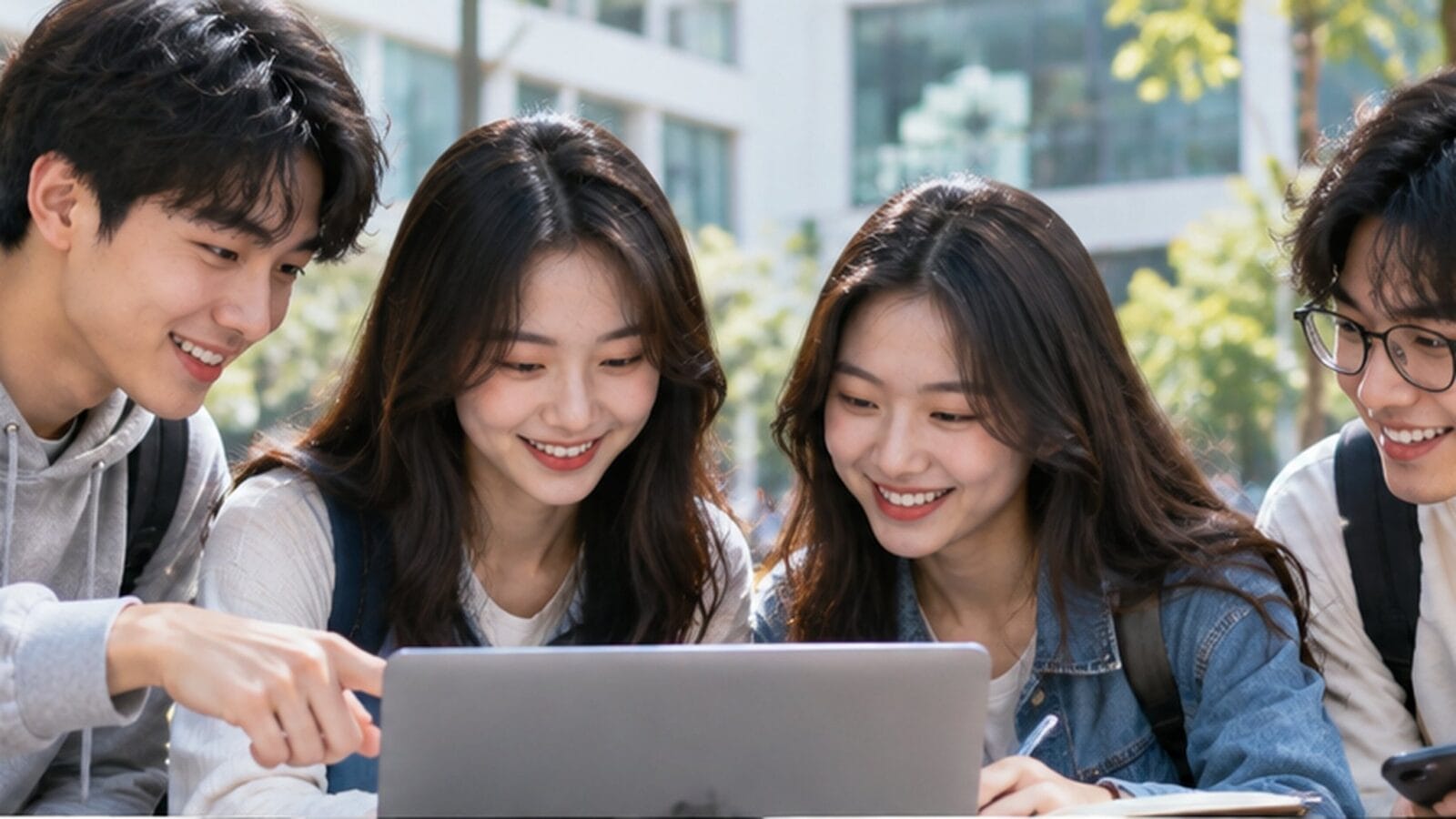 Nhóm sinh viên trao đổi bài học bên laptop trong khuôn viên trường — Ảnh: minh họa AI