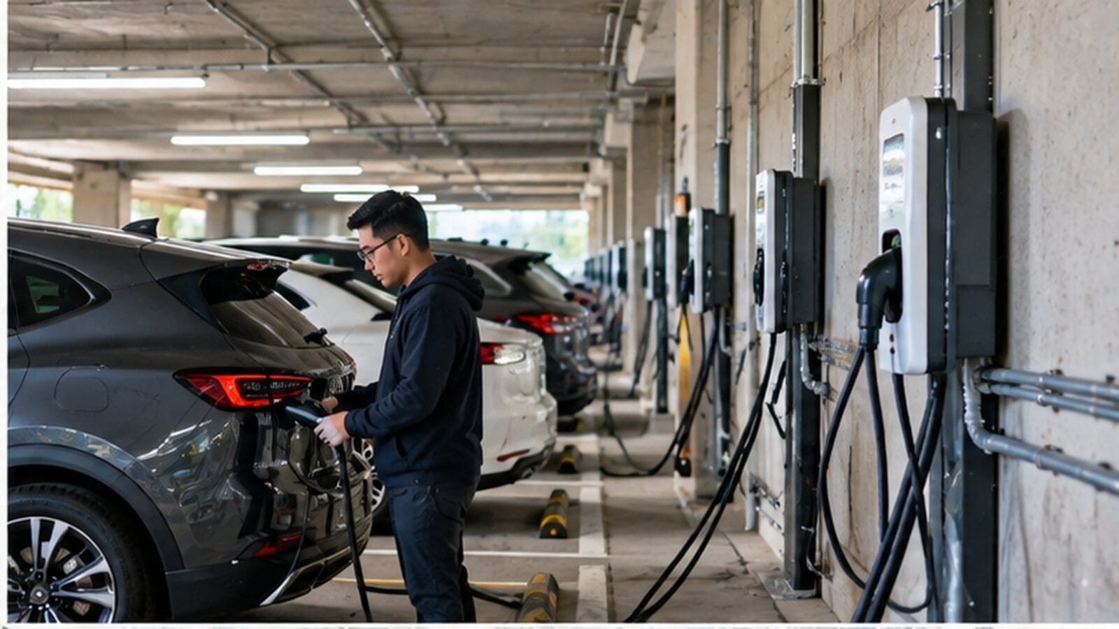 Hệ thống cổng sạc bố trí trong bãi đỗ nhà ở nhiều căn — Ảnh: minh họa AI