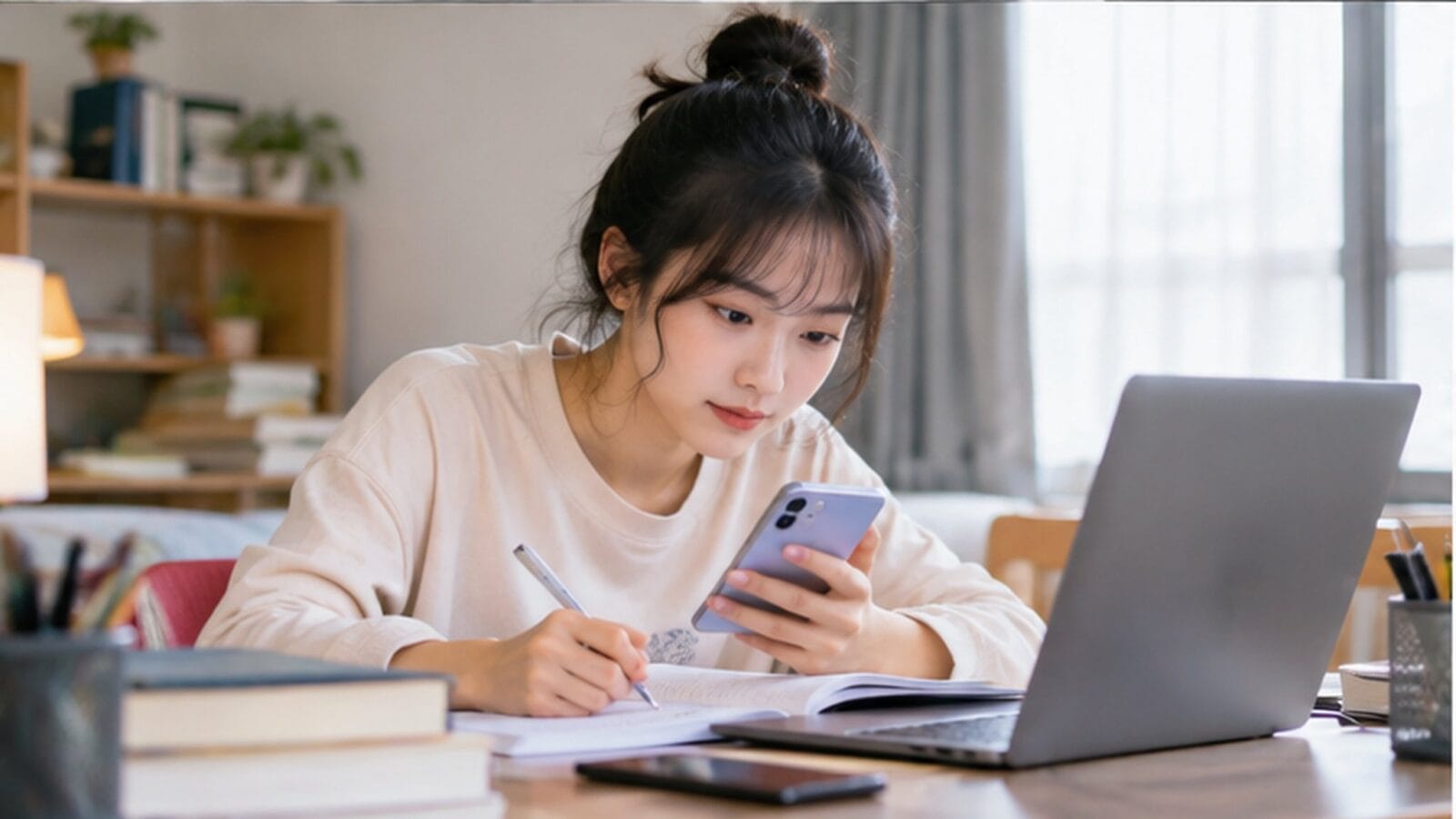 Một sinh viên học tập với laptop và điện thoại — Ảnh: minh họa AI