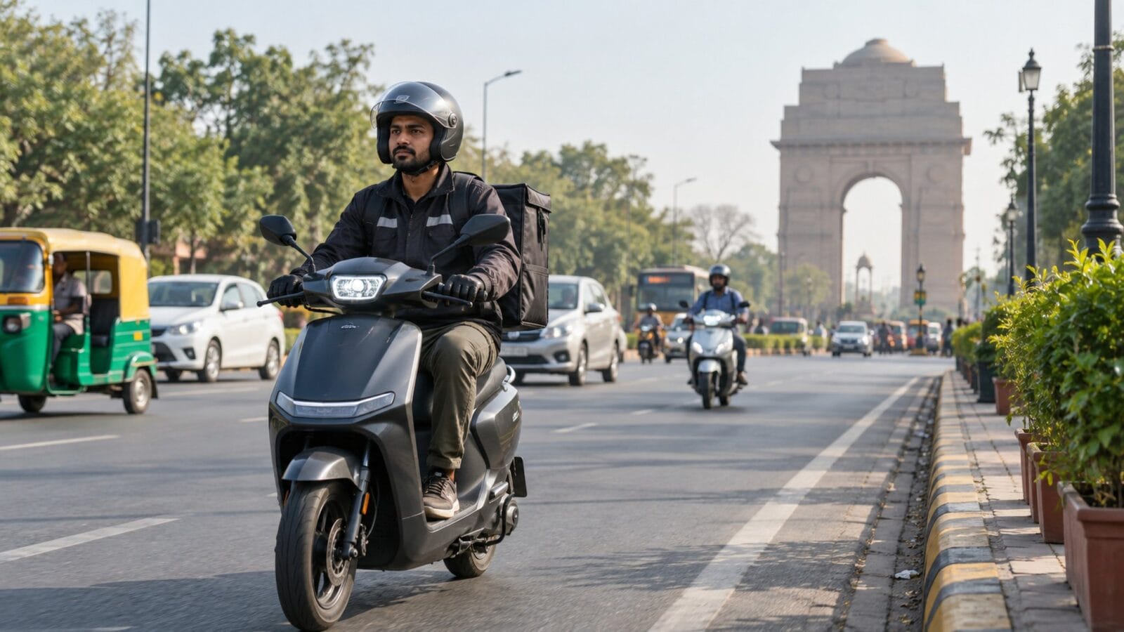 Người giao hàng sử dụng xe hai bánh điện trên đường phố Delhi — Ảnh: minh họa AI