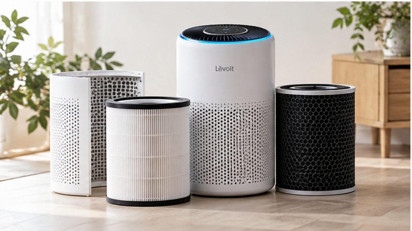 Levoit Eleva 300X cùng các lớp lọc có thể thay thế — Ảnh: Ảnh minh họa
