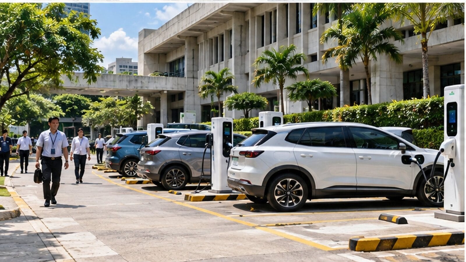 Hạ tầng sạc phục vụ nhiều xe điện tại khu vực cơ quan công — Ảnh: minh họa AI