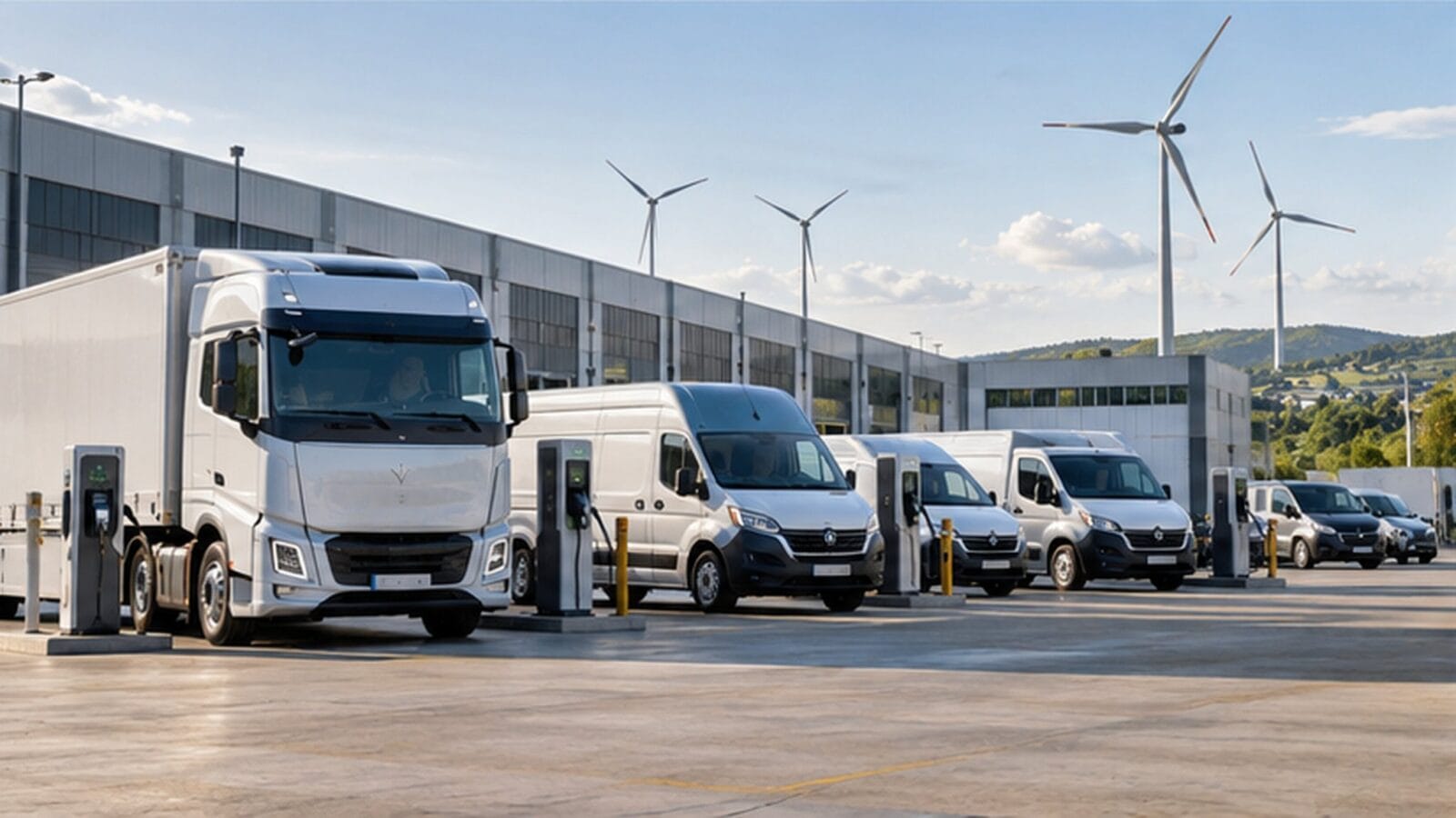 Đội xe điện thương mại sạc tại khu logistics có nguồn điện gió. — Ảnh minh họa