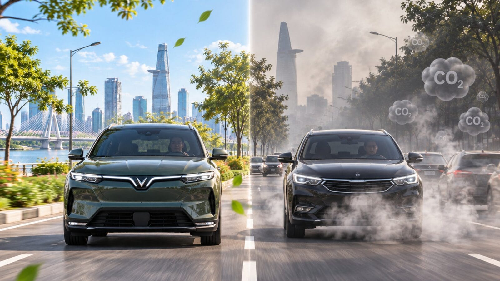Xe điện và xe xăng cùng xuất hiện trên đường, minh họa khác biệt về phát thải trực tiếp trong quá trình vận hành — Ảnh: AI, ảnh minh họa