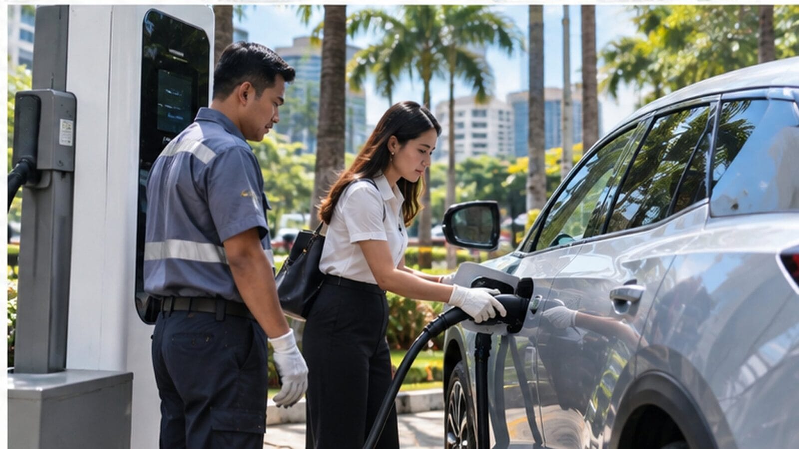 Người dùng và kỹ thuật viên thao tác tại một trạm sạc xe điện — Ảnh: minh họa AI