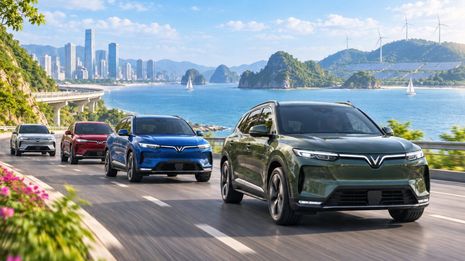Đoàn xe điện trên tuyến đường xanh, minh họa tác động cộng dồn khi nhiều phương tiện chuyển khỏi động cơ đốt trong — Ảnh: AI, ảnh minh họa
