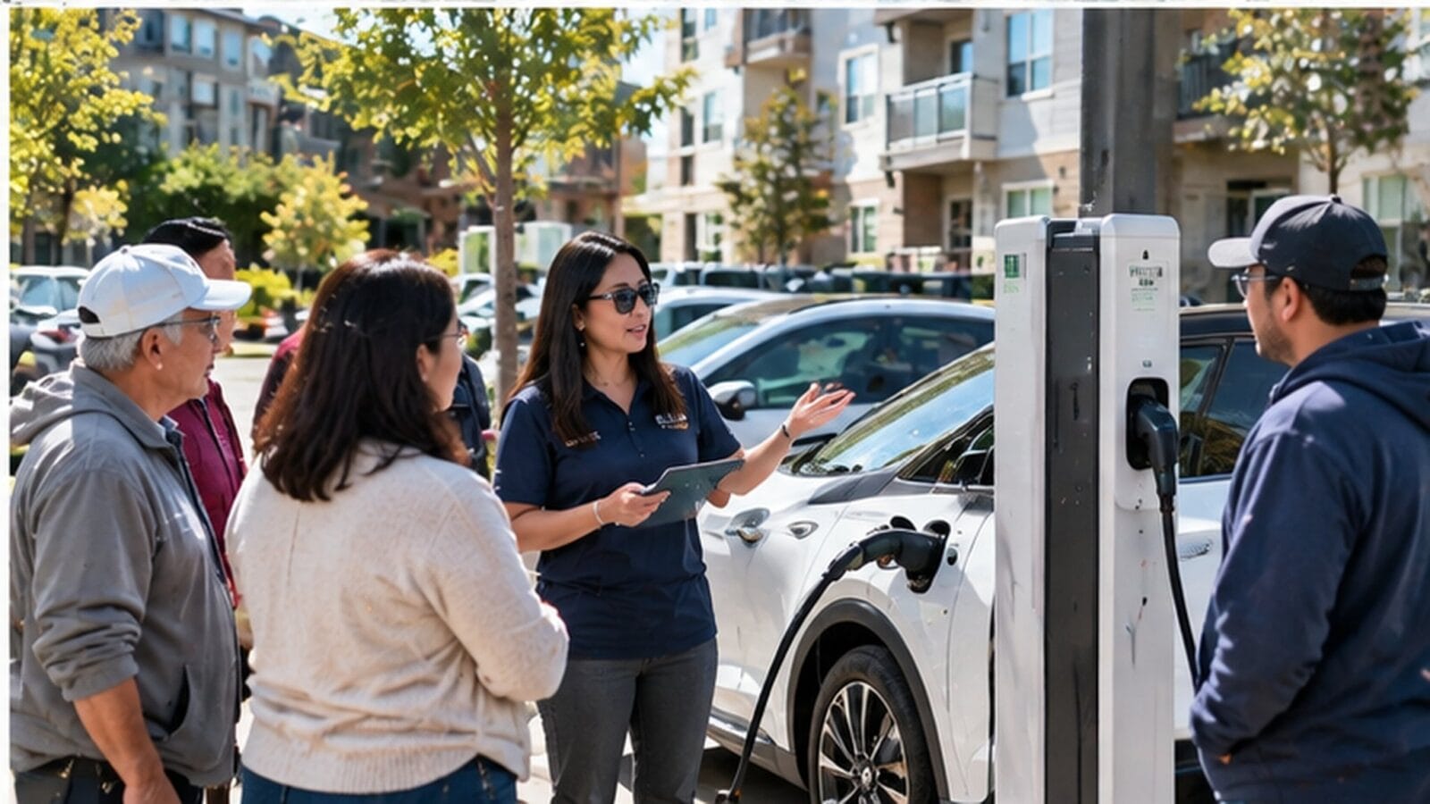 Cư dân được hướng dẫn cách sử dụng điểm sạc tại nơi ở — Ảnh: minh họa AI