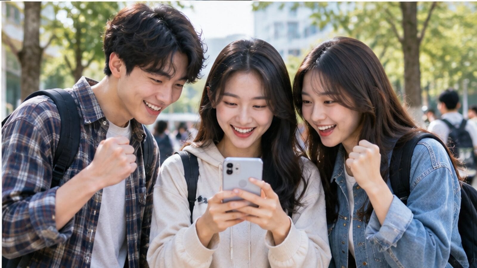 Nhóm sinh viên cùng xem điện thoại trong khuôn viên trường — Ảnh: minh họa AI