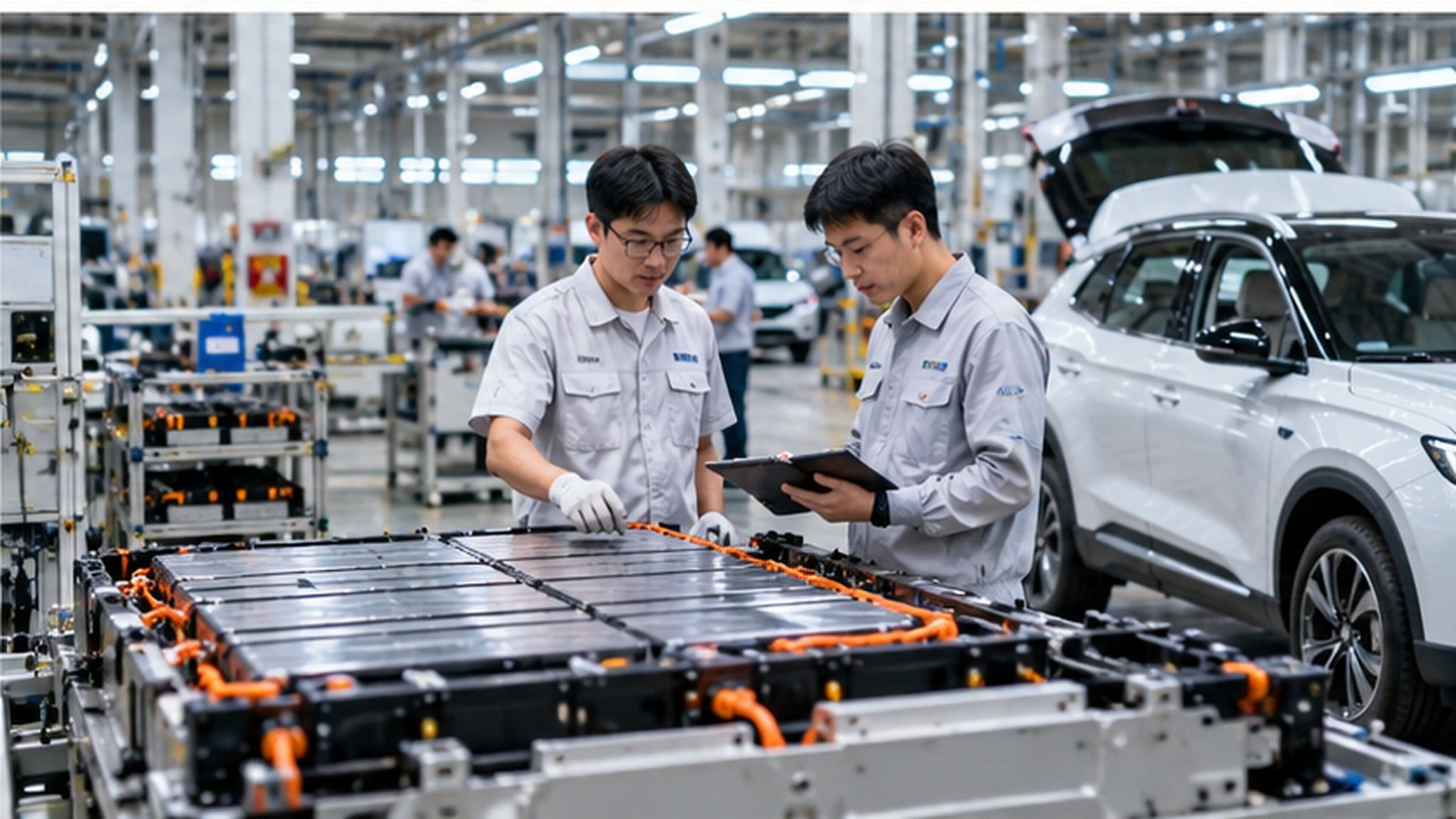 Kỹ thuật viên kiểm tra bộ pin xe điện trong nhà máy. Ảnh minh họa.