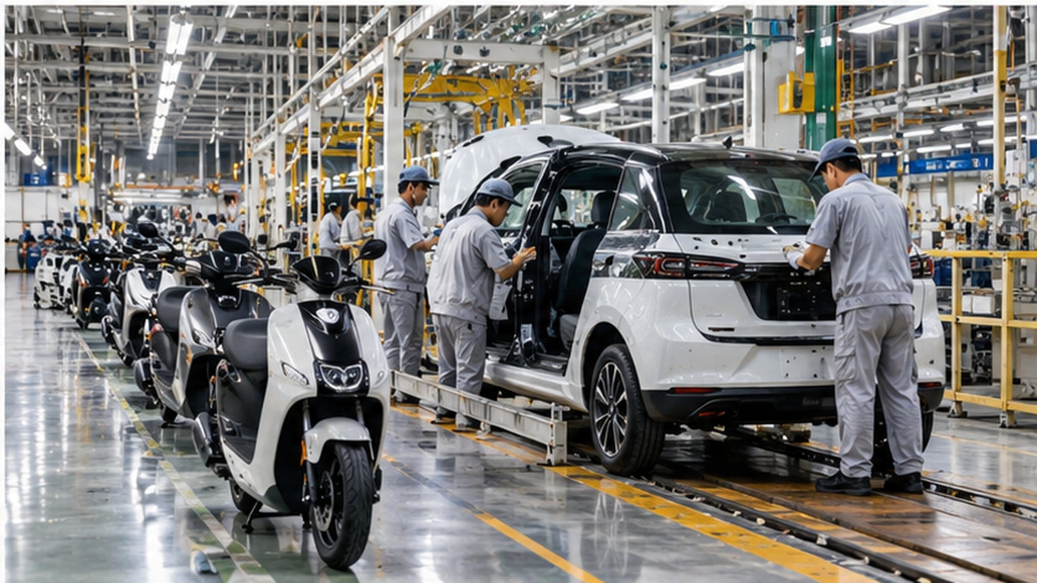 Dây chuyền lắp ráp xe điện, gợi mục tiêu phát triển sản xuất nội địa. Ảnh minh họa.
