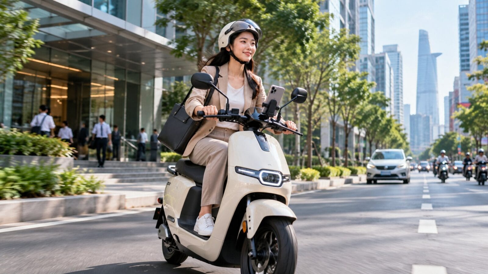 Ảnh minh họa người đi làm di chuyển bằng xe máy điện trong đô thị — Ảnh: ChatGPT