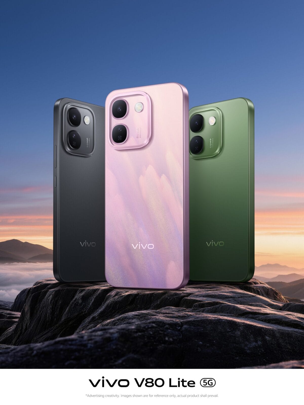 Ba phiên bản màu của vivo V80 Lite 5G gồm Đen Bản Lĩnh, Hồng Thời Thượng và Xanh Quyền Năng — Ảnh: vivo Việt Nam