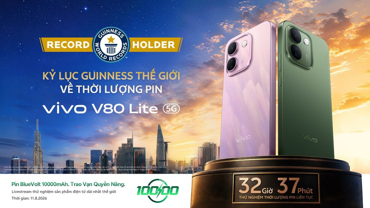 vivo V80 Lite 5G đạt kỷ lục Guinness pin 10.000 mAh