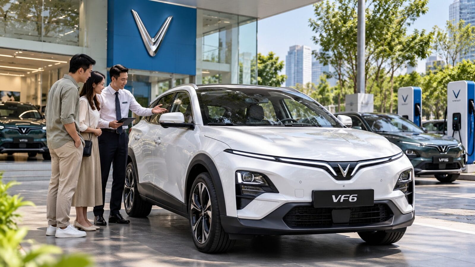 VinFast VF 6 tại khu trưng bày và tư vấn xe điện — Ảnh: minh họa AI