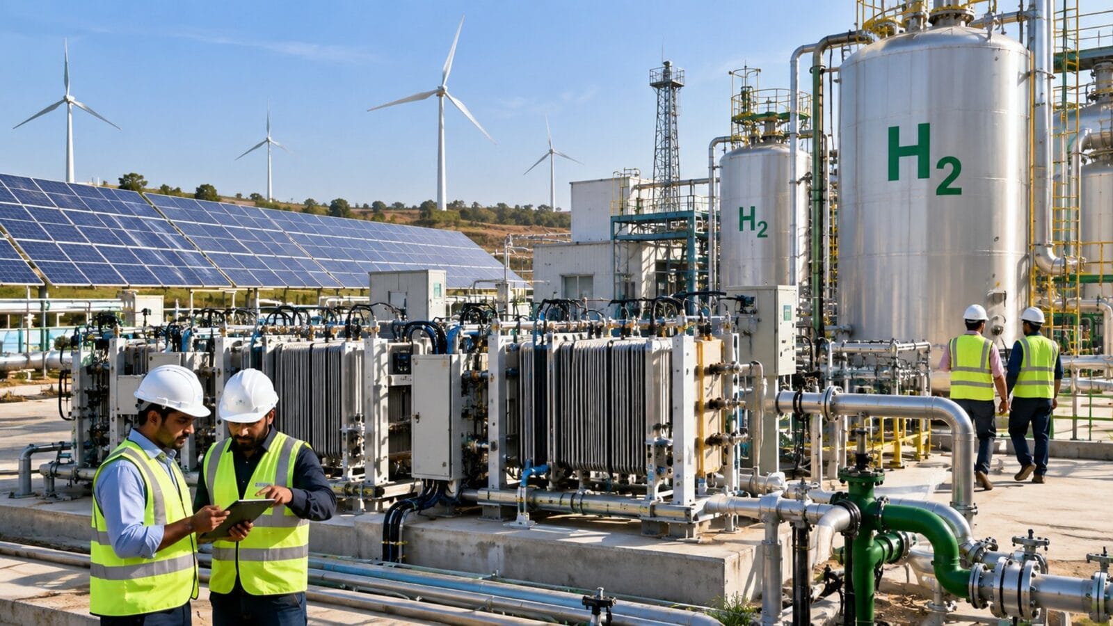 Kỹ sư kiểm tra hệ thống sản xuất hydro xanh sử dụng điện tái tạo — Ảnh: minh họa AI