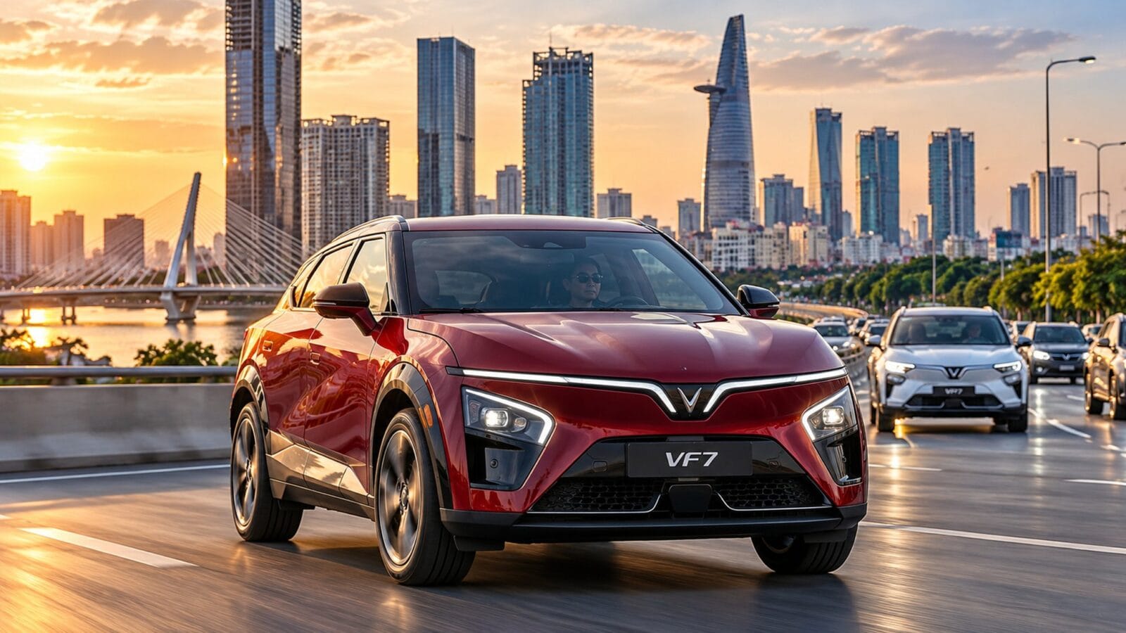 VinFast VF 7 di chuyển trên tuyến đường đô thị lúc hoàng hôn — Ảnh: minh họa AI