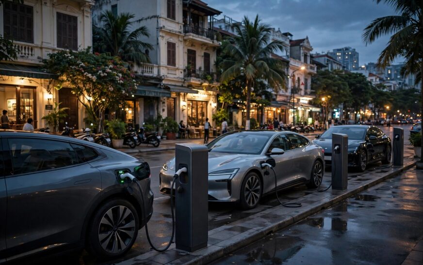 Xe điện đang sạc tại trạm sạc trong thành phố lúc hoàng hôn — thị trường ô tô Việt Nam tăng nhanh nhất ASEAN-6