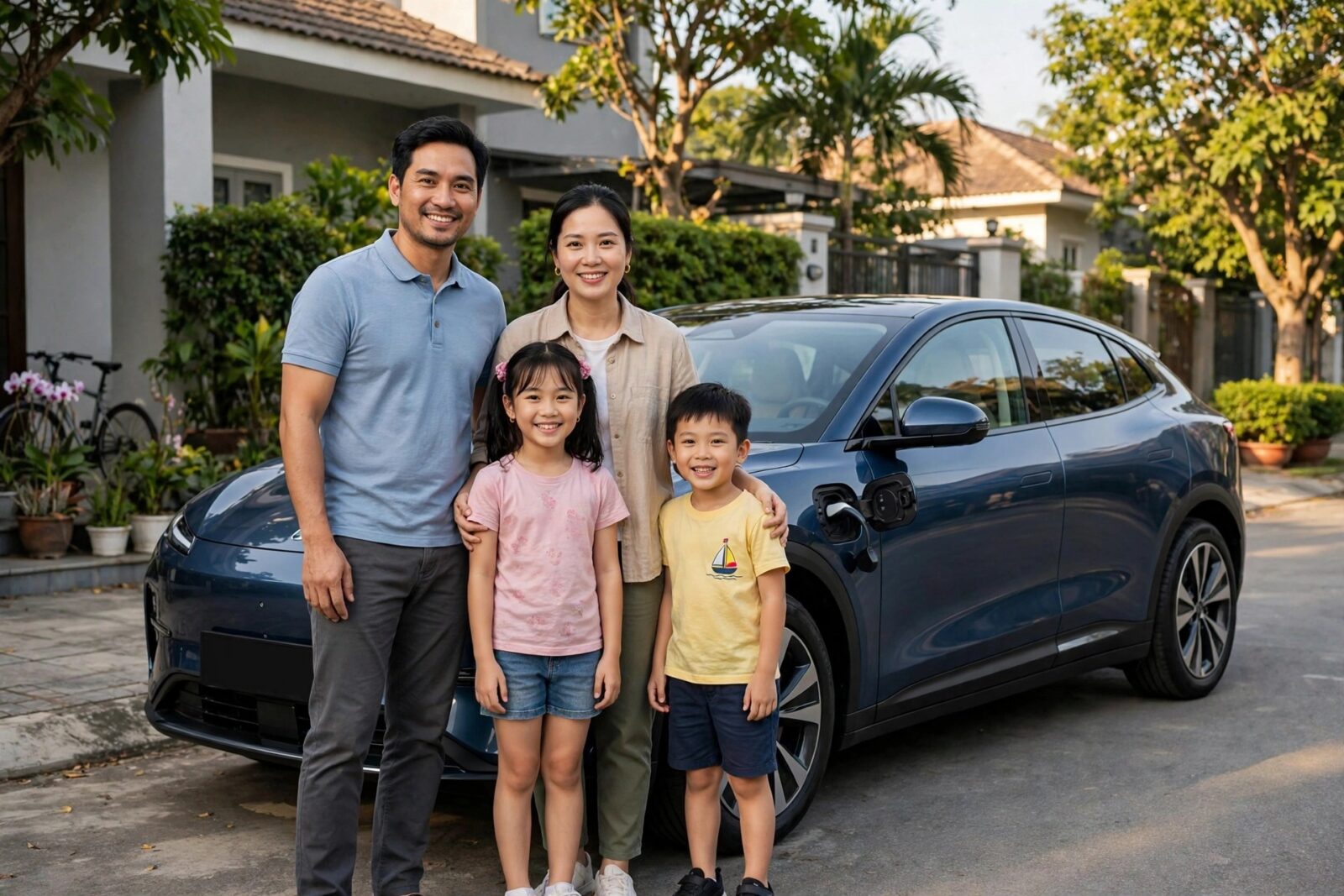 Gia đình Việt đứng bên chiếc ô tô điện mới trong khu dân cư — xe điện thành lựa chọn quen thuộc của người Việt